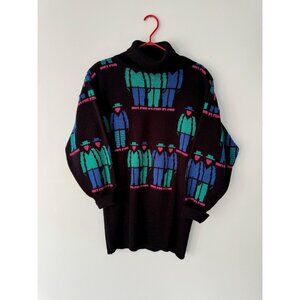 80s vintage black colorful gentlemen art deco graphic knit tunic sweater dress